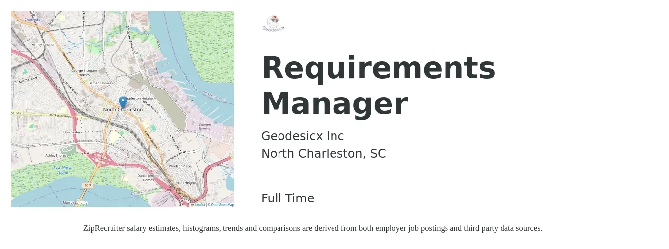Geodesicx Inc job posting for a Requirements Manager in North Charleston, SC with a salary of $44,100 to $102,700 Yearly with a map of North Charleston location.