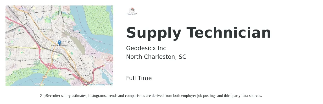 Geodesicx Inc job posting for a Supply Technician in North Charleston, SC with a salary of $37,000 to $45,400 Yearly with a map of North Charleston location.