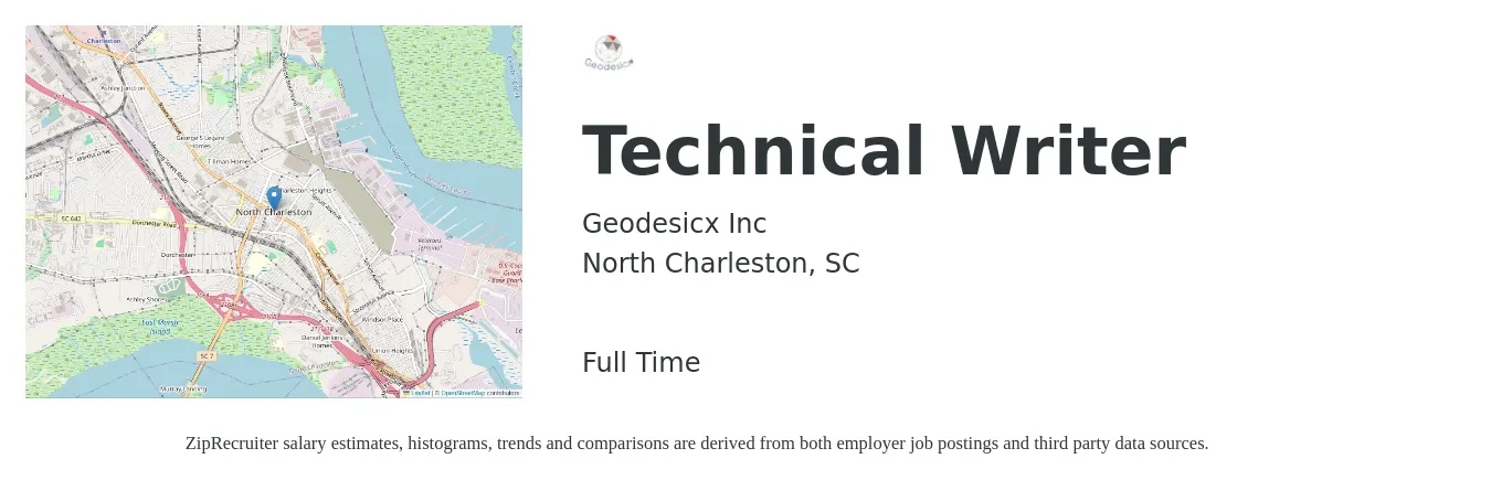 Geodesicx Inc job posting for a Technical Writer in North Charleston, SC with a salary of $26 to $43 Hourly with a map of North Charleston location.