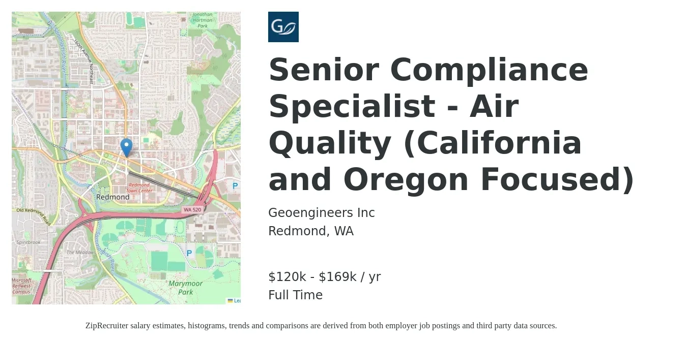 Geoengineers Inc job posting for a Senior Compliance Specialist - Air Quality (California and Oregon Focused) in Redmond, WA with a salary of $120,400 to $169,700 Yearly with a map of Redmond location.