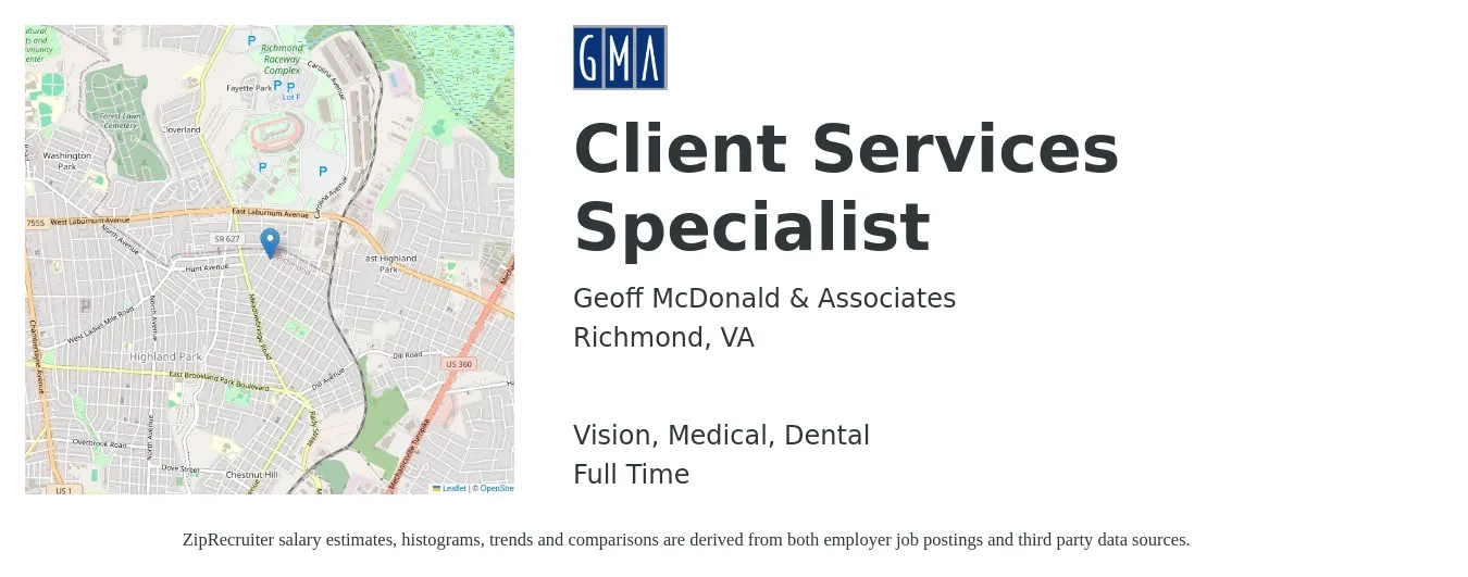Geoff McDonald & Associates job posting for a Client Services Specialist in Richmond, VA with a salary of $17 to $22 Hourly and benefits including vision, dental, medical, pto, and retirement with a map of Richmond location.
