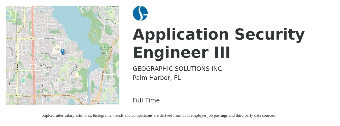 GEOGRAPHIC SOLUTIONS INC job posting for a Application Security Engineer III in Palm Harbor, FL with a salary of $52 to $69 Hourly with a map of Palm Harbor location.