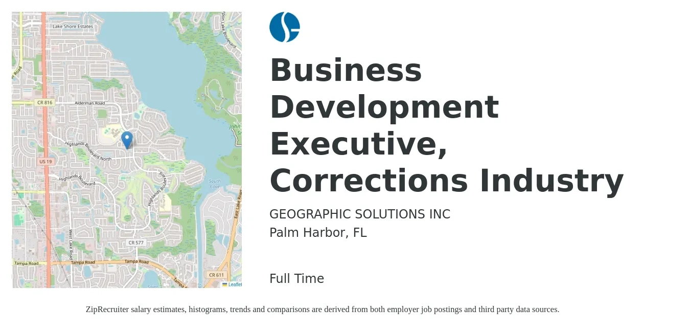 GEOGRAPHIC SOLUTIONS INC job posting for a Business Development Executive, Corrections Industry in Palm Harbor, FL with a salary of $55,500 to $88,100 Yearly with a map of Palm Harbor location.