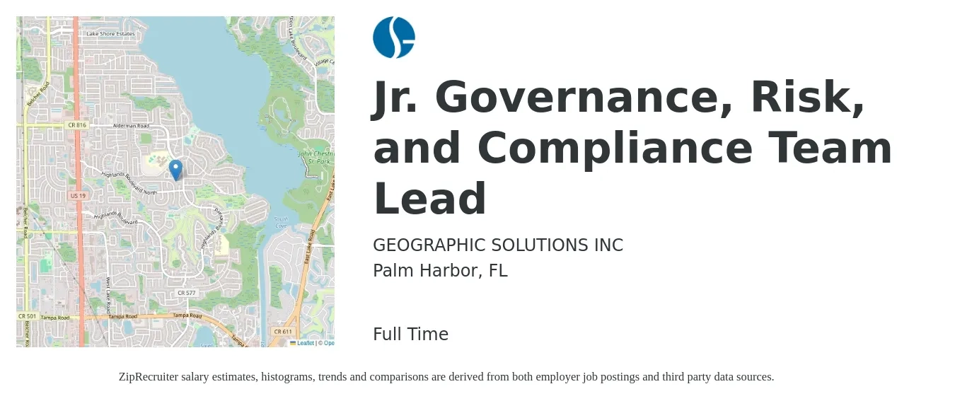GEOGRAPHIC SOLUTIONS INC job posting for a Jr. Governance, Risk, and Compliance Team Lead in Palm Harbor, FL with a salary of $138,400 Yearly with a map of Palm Harbor location.