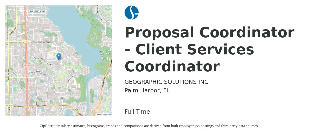GEOGRAPHIC SOLUTIONS INC job posting for a Proposal Coordinator - Client Services Coordinator in Palm Harbor, FL with a salary of $48,400 to $64,300 Yearly with a map of Palm Harbor location.