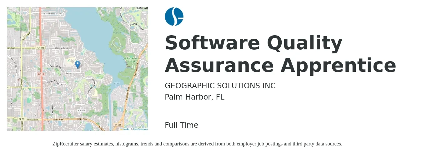 GEOGRAPHIC SOLUTIONS INC job posting for a Software Quality Assurance Apprentice in Palm Harbor, FL with a salary of $25 to $36 Hourly with a map of Palm Harbor location.