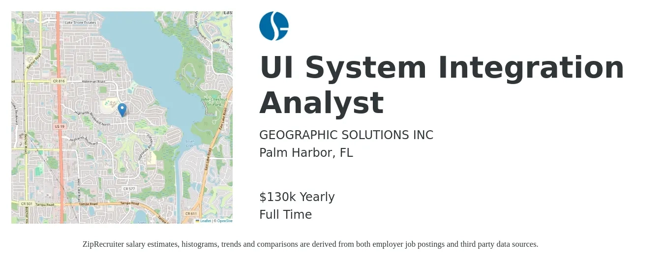 GEOGRAPHIC SOLUTIONS INC job posting for a UI System Integration Analyst in Palm Harbor, FL with a salary of $130,978 Yearly with a map of Palm Harbor location.