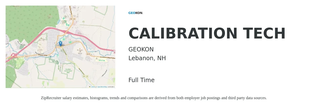 GEOKON job posting for a CALIBRATION TECH in Lebanon, NH with a salary of $25 to $34 Hourly with a map of Lebanon location.