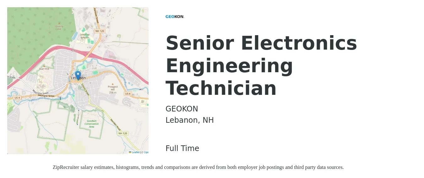 GEOKON job posting for a Senior Electronics Engineering Technician in Lebanon, NH with a salary of $31 to $44 Hourly with a map of Lebanon location.
