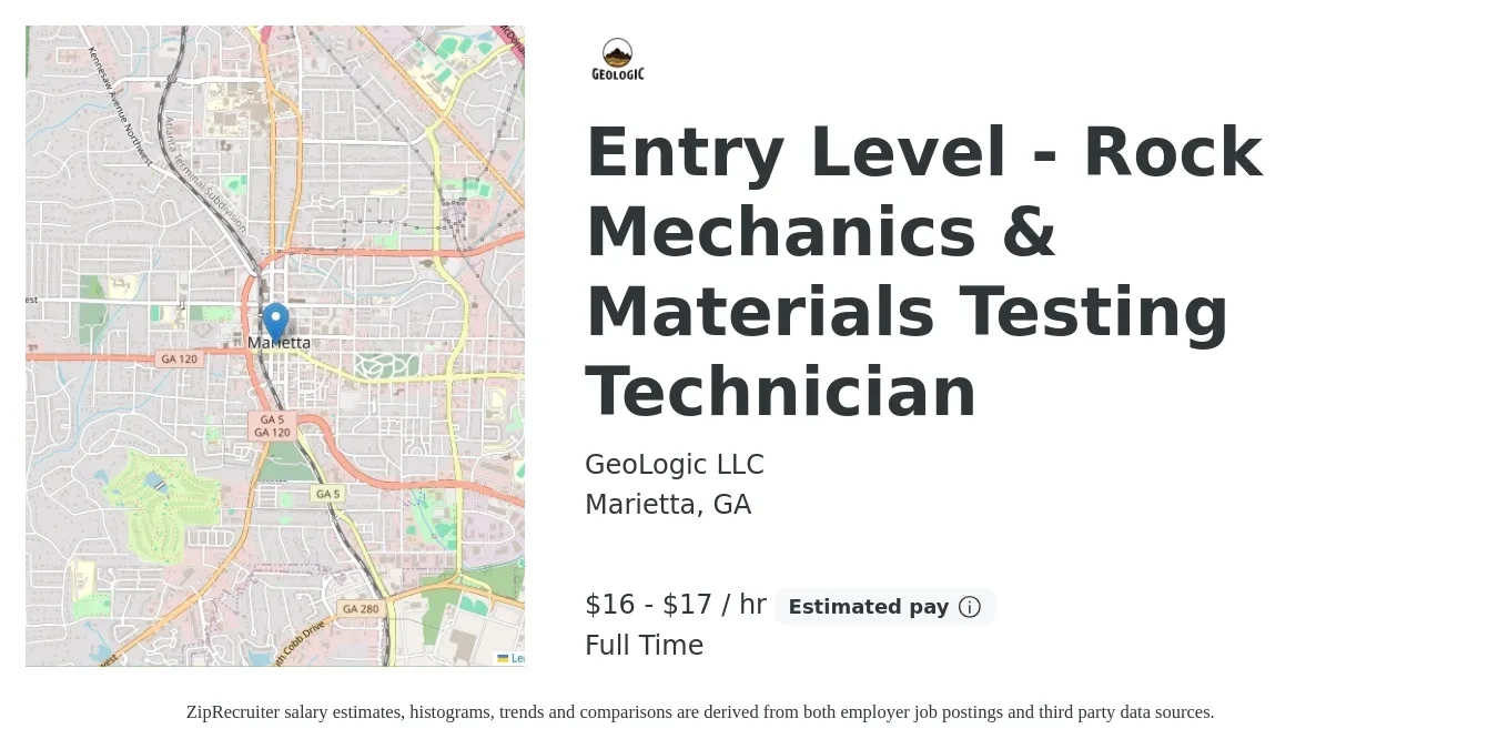 GeoLogic LLC job posting for a Entry Level - Rock Mechanics & Materials Testing Technician in Marietta, GA with a salary of $17 to $18 Hourly with a map of Marietta location.