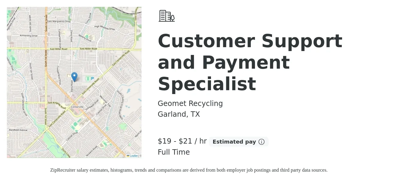 Geomet Recycling job posting for a Customer Support and Payment Specialist in Garland, TX with a salary of $18 to $24 Hourly with a map of Garland location.