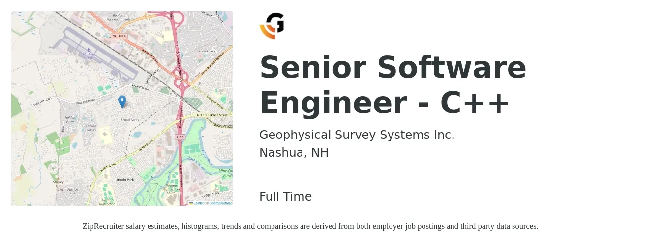 Geophysical Survey Systems Inc. job posting for a Senior Software Engineer - C++ in Nashua, NH with a salary of $123,700 to $163,100 Yearly with a map of Nashua location.