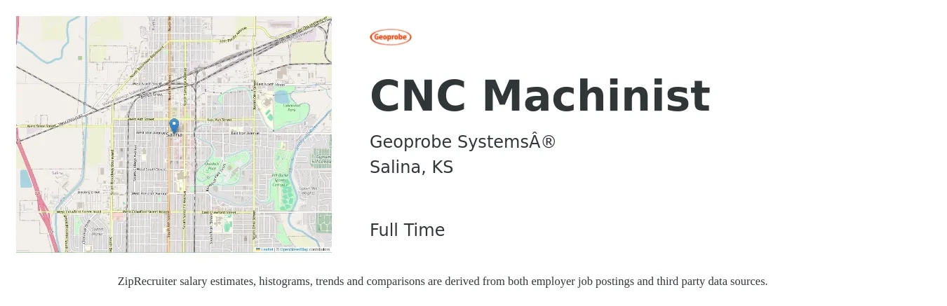Geoprobe Systems® job posting for a CNC Machinist in Salina, KS with a salary of $20 to $26 Hourly with a map of Salina location.