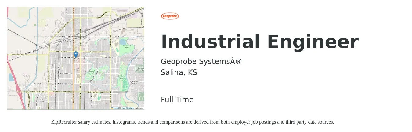 Geoprobe Systems® job posting for a Industrial Engineer in Salina, KS with a salary of $66,500 to $89,800 Yearly with a map of Salina location.