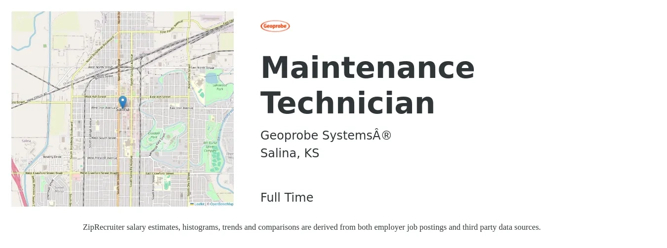 Geoprobe Systems® job posting for a Maintenance Technician in Salina, KS with a salary of $18 to $26 Hourly with a map of Salina location.