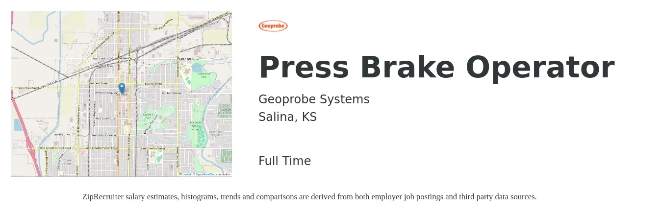 Geoprobe Systems® job posting for a Press Brake Operator in Salina, KS with a salary of $17 to $22 Hourly with a map of Salina location.