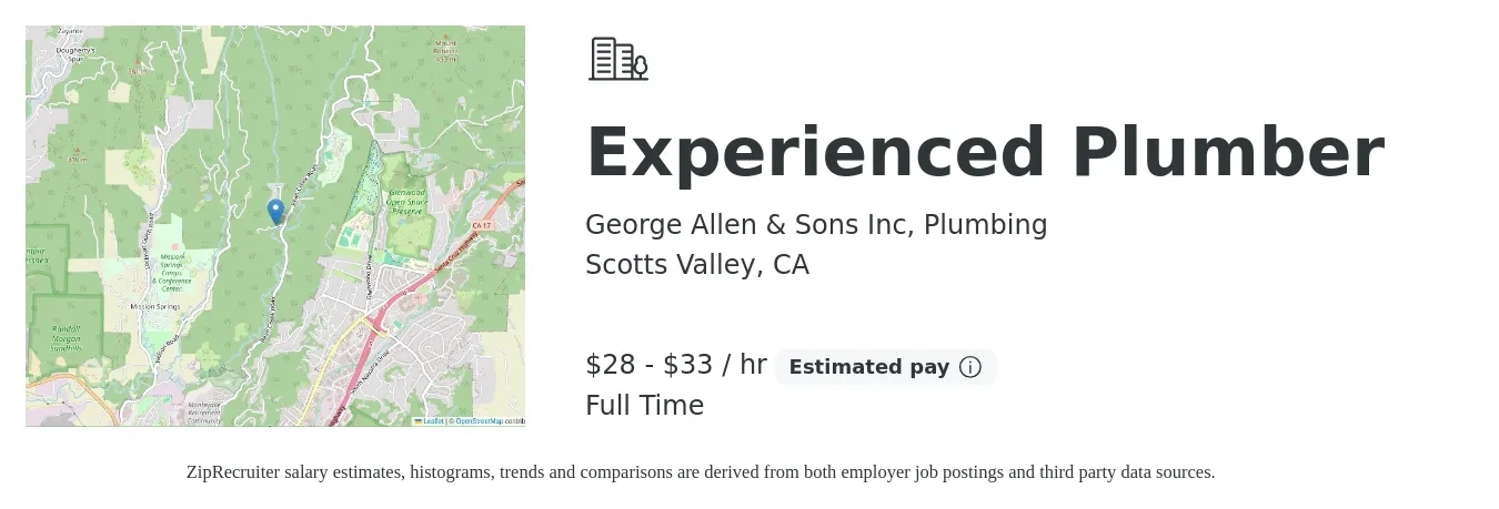 George Allen & Sons Inc, Plumbing job posting for a Experienced Plumber in Scotts Valley, CA with a salary of $30 to $35 Hourly with a map of Scotts Valley location.