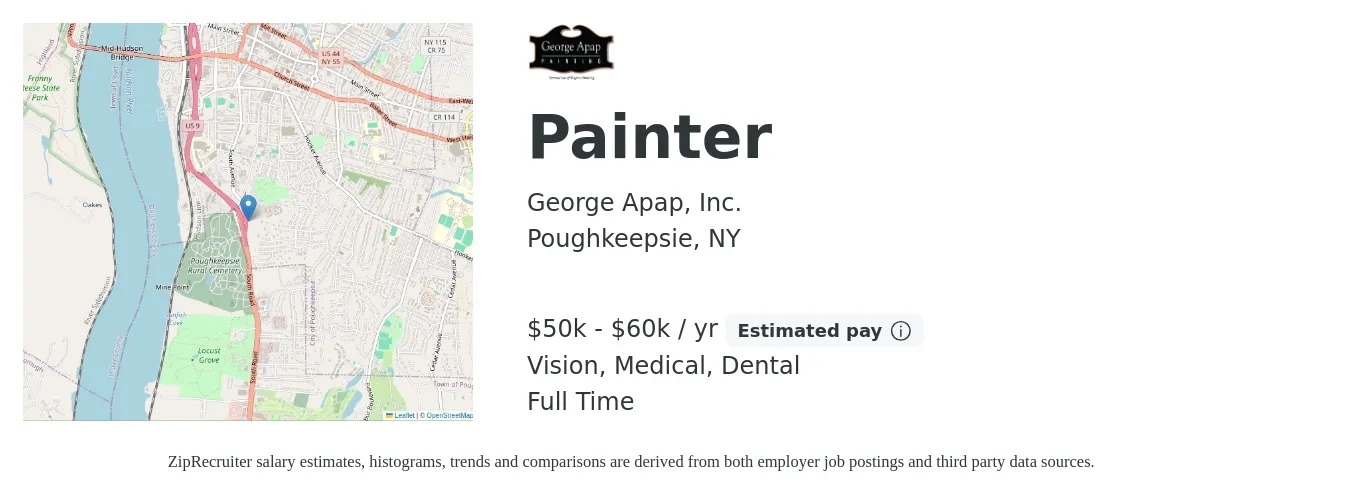George Apap, Inc. job posting for a Painter in Poughkeepsie, NY with a salary of $50,000 to $60,000 Yearly and benefits including pto, retirement, vision, dental, and medical with a map of Poughkeepsie location.