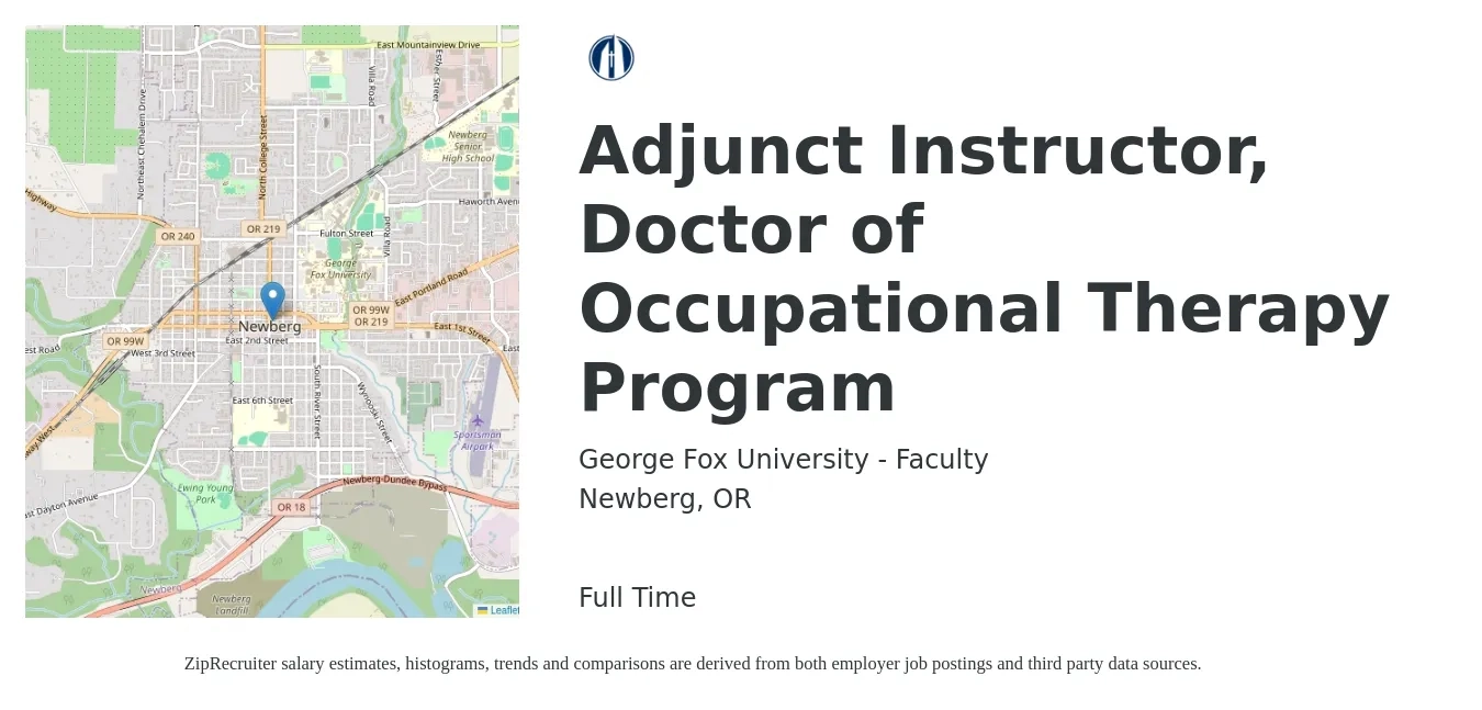 George Fox University - Faculty job posting for a Adjunct Instructor, Doctor of Occupational Therapy Program in Newberg, OR with a salary of $32 to $63 Hourly with a map of Newberg location.