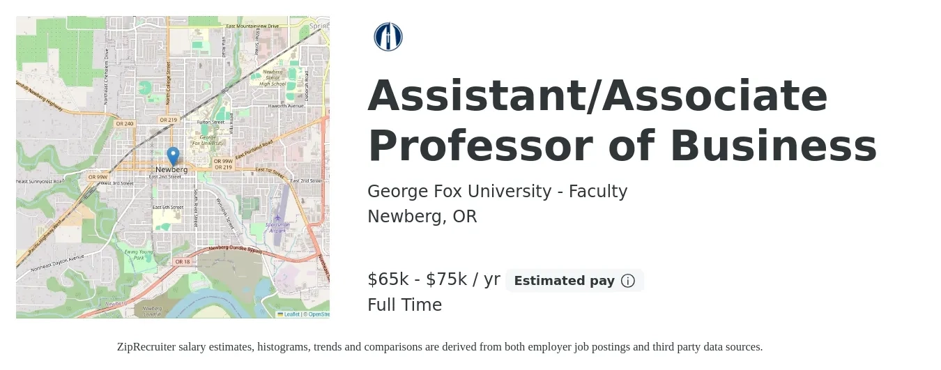 George Fox University - Faculty job posting for a Assistant/Associate Professor of Business in Newberg, OR with a salary of $65,399 to $75,177 Yearly with a map of Newberg location.