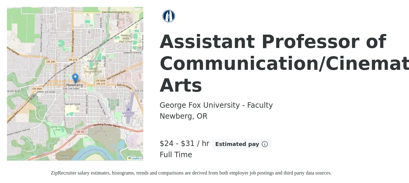 George Fox University - Faculty job posting for a Assistant Professor of Communication/Cinematic Arts in Newberg, OR with a salary of $53,793 to $68,316 Yearly with a map of Newberg location.