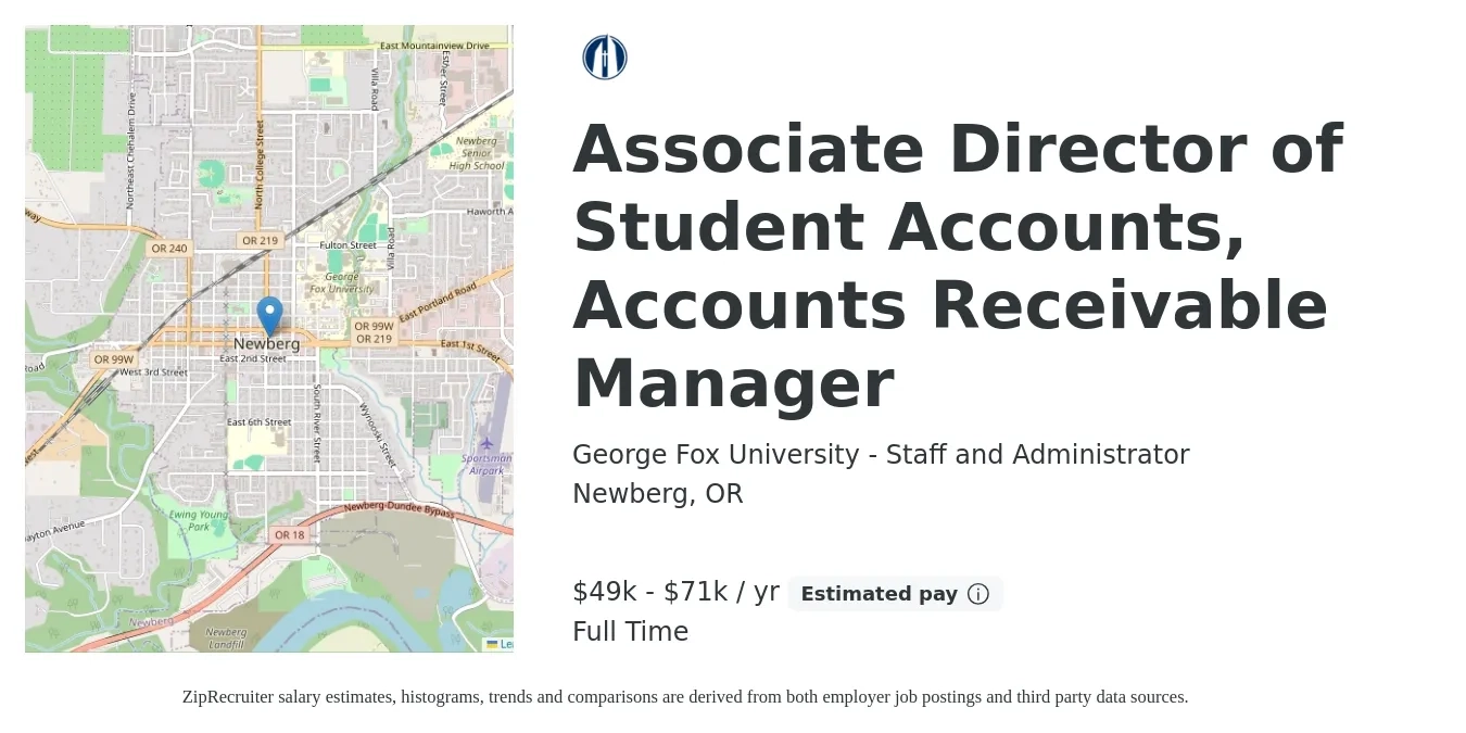George Fox University - Staff and Administrator job posting for a Associate Director of Student Accounts, Accounts Receivable Manager in Newberg, OR with a salary of $49,000 to $71,050 Yearly with a map of Newberg location.