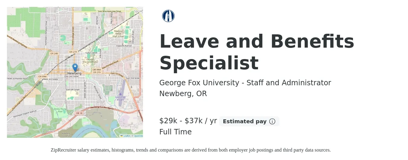 George Fox University - Staff and Administrator job posting for a Leave and Benefits Specialist in Newberg, OR with a salary of $44,600 to $67,200 Yearly with a map of Newberg location.