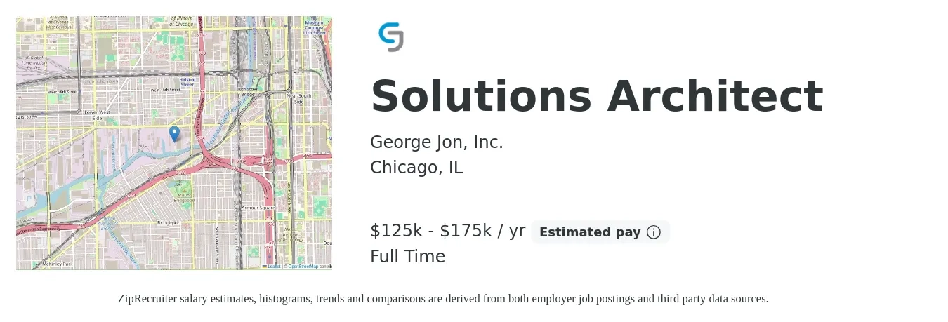 George Jon, Inc. job posting for a Solutions Architect in Chicago, IL with a salary of $125,000 to $175,000 Yearly with a map of Chicago location.