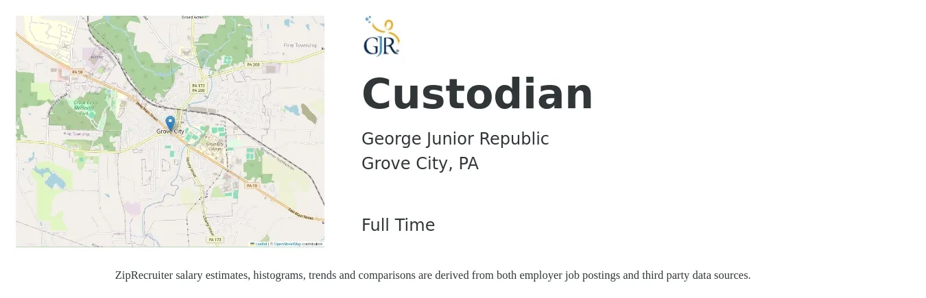 George Junior Republic job posting for a Custodian in Grove City, PA with a salary of $12 to $16 Hourly with a map of Grove City location.
