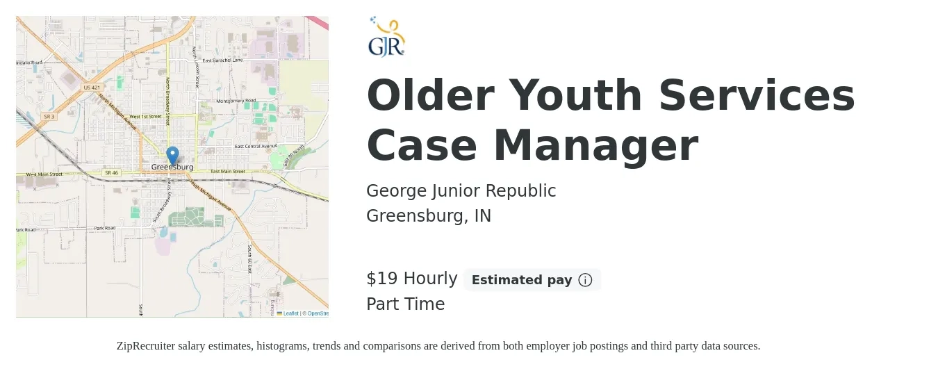 George Junior Republic job posting for a Older Youth Services Case Manager in Greensburg, IN with a salary of $20 Hourly with a map of Greensburg location.