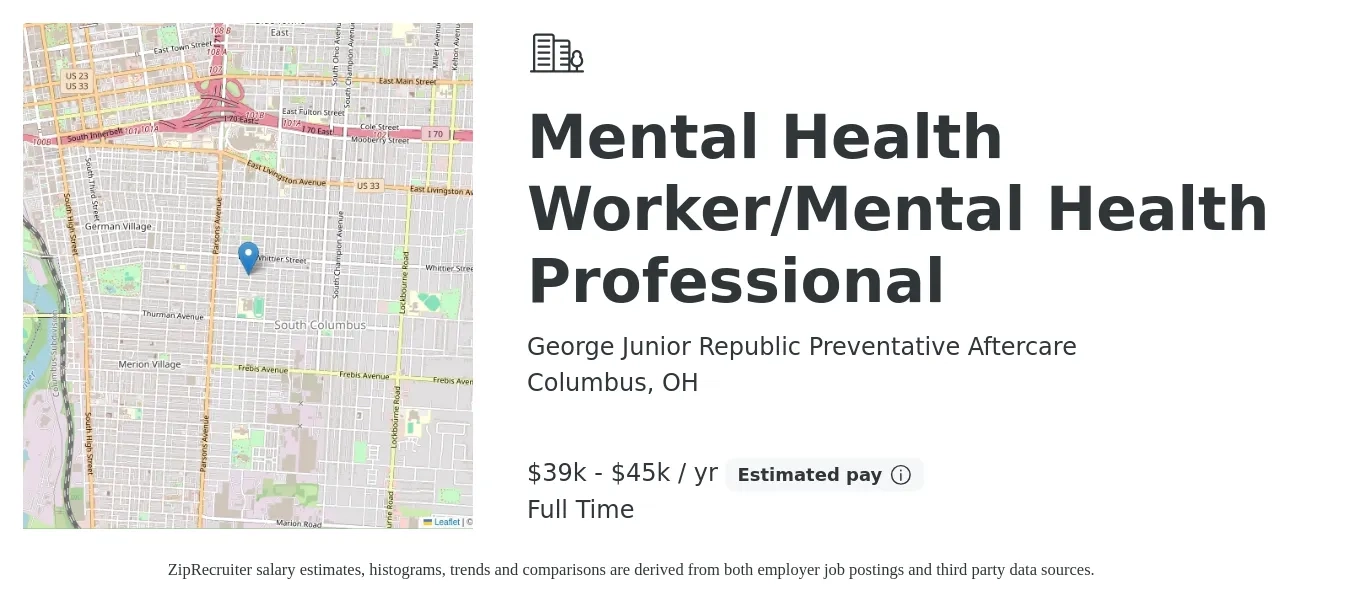 George Junior Republic Preventative Aftercare job posting for a Mental Health Worker/Mental Health Professional in Columbus, OH with a salary of $39,000 to $45,000 Yearly with a map of Columbus location.