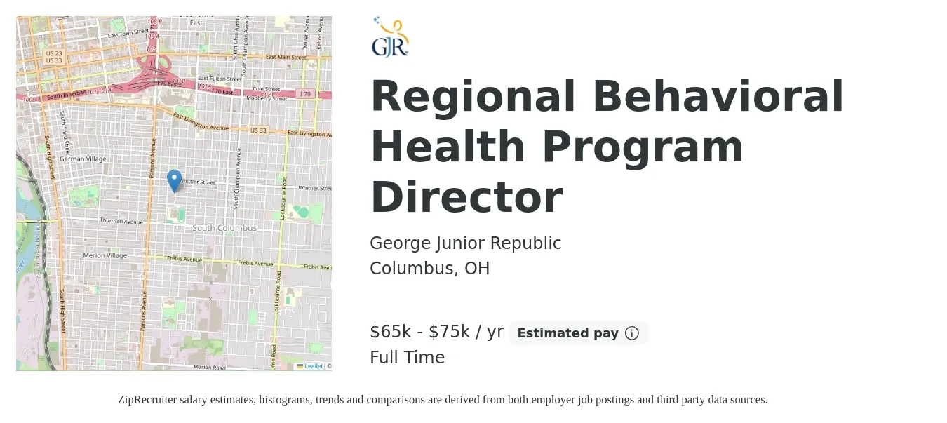 George Junior Republic job posting for a Regional Behavioral Health Program Director in Columbus, OH with a salary of $65,000 to $75,000 Yearly with a map of Columbus location.