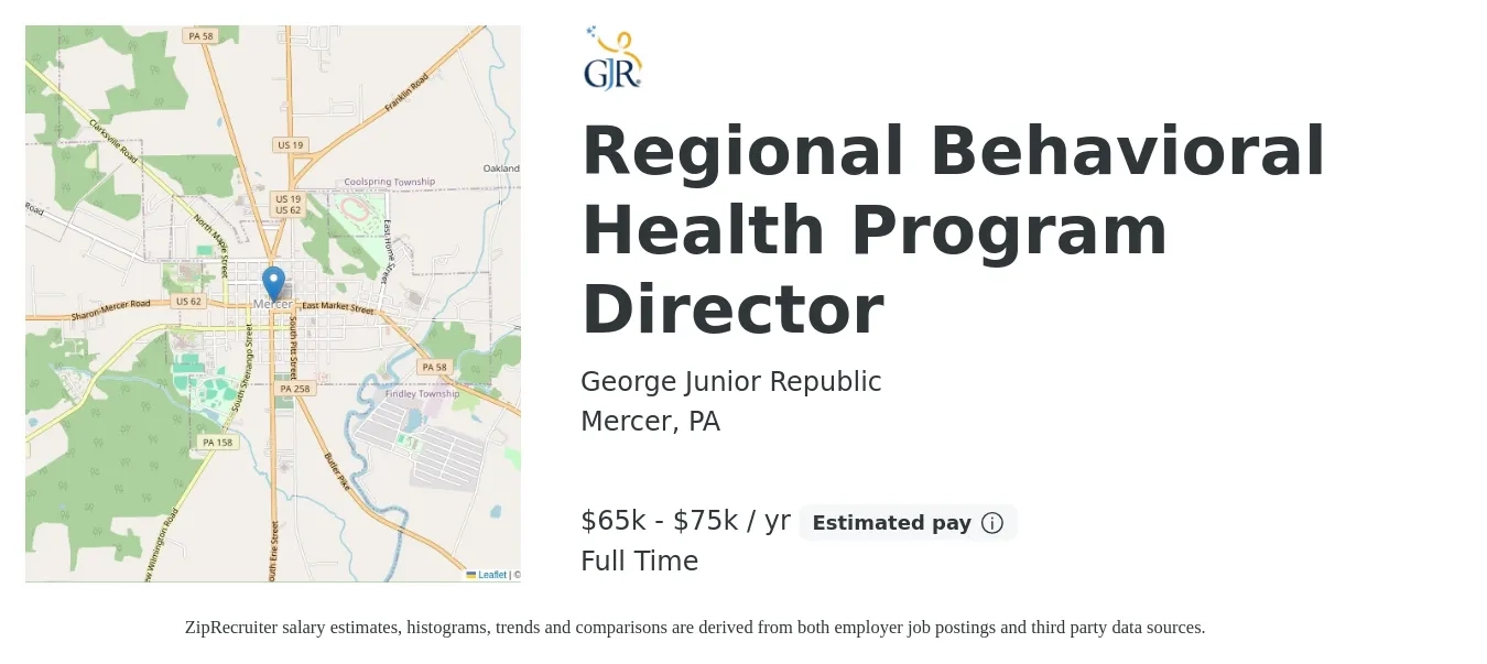 George Junior Republic job posting for a Regional Behavioral Health Program Director in Mercer, PA with a salary of $65,000 to $75,000 Yearly with a map of Mercer location.