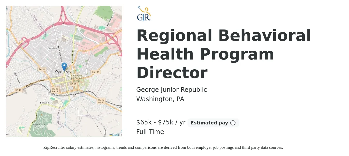 George Junior Republic job posting for a Regional Behavioral Health Program Director in Washington, PA with a salary of $65,000 to $75,000 Yearly with a map of Washington location.