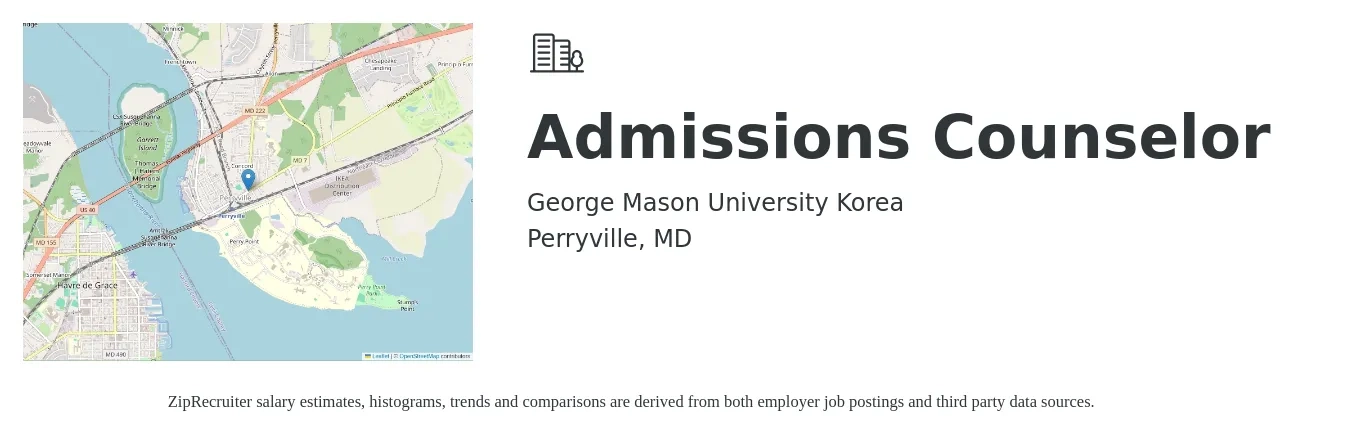 George Mason University Korea job posting for a Admissions Counselor in Perryville, MD with a salary of $37,500 to $50,600 Yearly with a map of Perryville location.