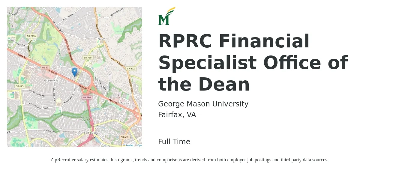 George Mason University job posting for a RPRC Financial Specialist Office of the Dean in Fairfax, VA with a salary of $55,300 to $96,200 Yearly with a map of Fairfax location.