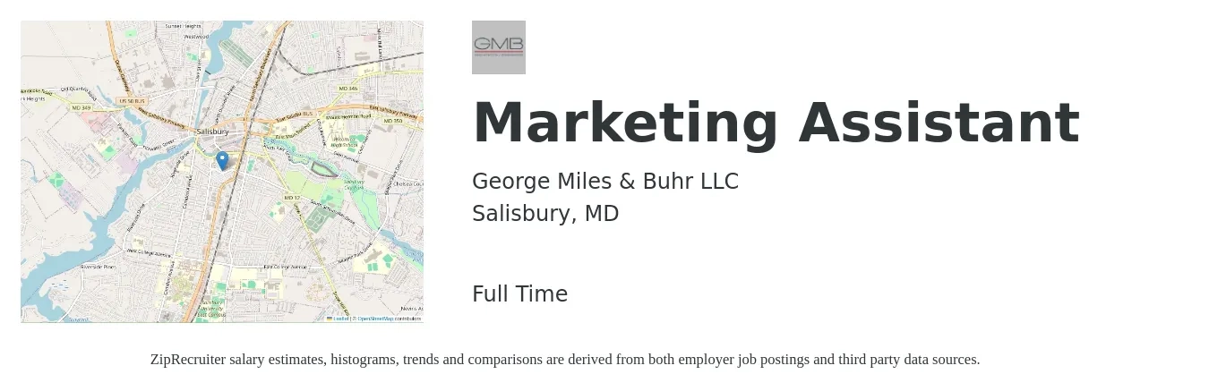 George Miles & Buhr LLC job posting for a Marketing Assistant in Salisbury, MD with a salary of $39,500 to $49,900 Yearly with a map of Salisbury location.