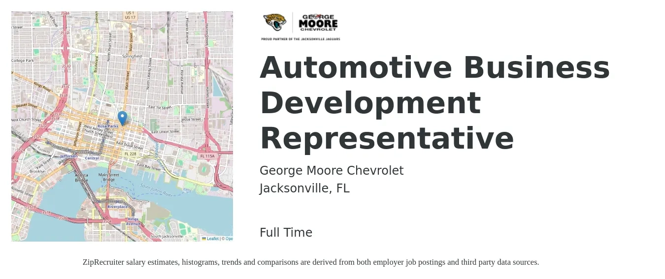George Moore Chevrolet job posting for a Automotive Business Development Representative in Jacksonville, FL with a salary of $17 Hourly with a map of Jacksonville location.
