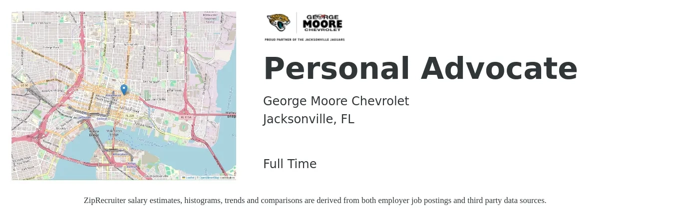 George Moore Chevrolet job posting for a Personal Advocate in Jacksonville, FL with a salary of $17 Hourly with a map of Jacksonville location.
