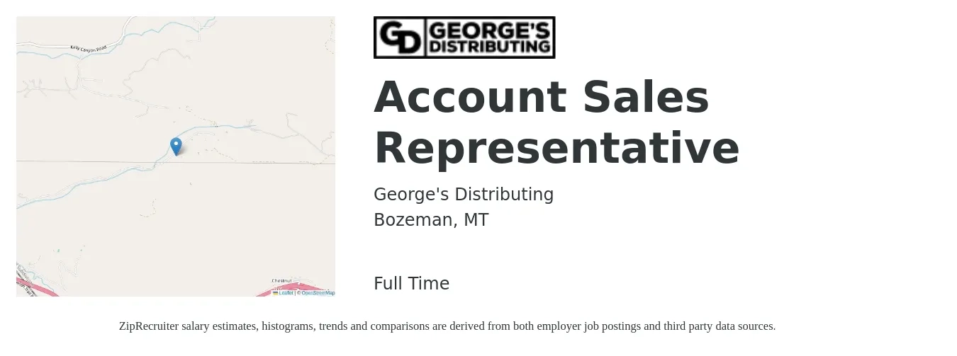 George's Distributing job posting for a Account Sales Representative in Bozeman, MT with a salary of $42,900 to $67,400 Yearly with a map of Bozeman location.