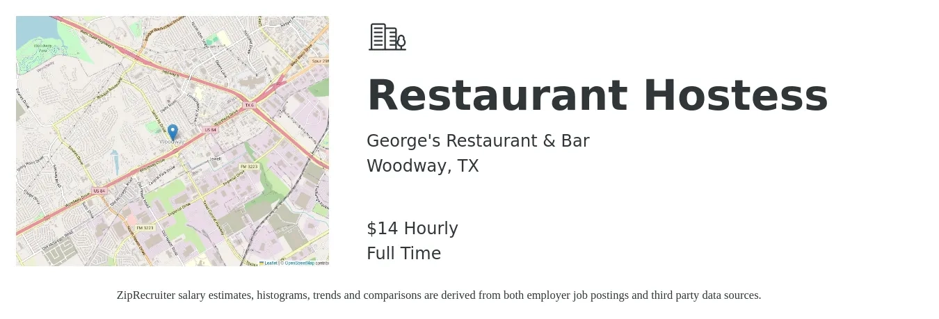 George's Restaurant & Bar job posting for a Restaurant Hostess in Woodway, TX with a salary of $15 Hourly with a map of Woodway location.