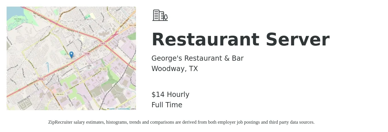 George's Restaurant & Bar job posting for a Restaurant Server in Woodway, TX with a salary of $15 Hourly with a map of Woodway location.
