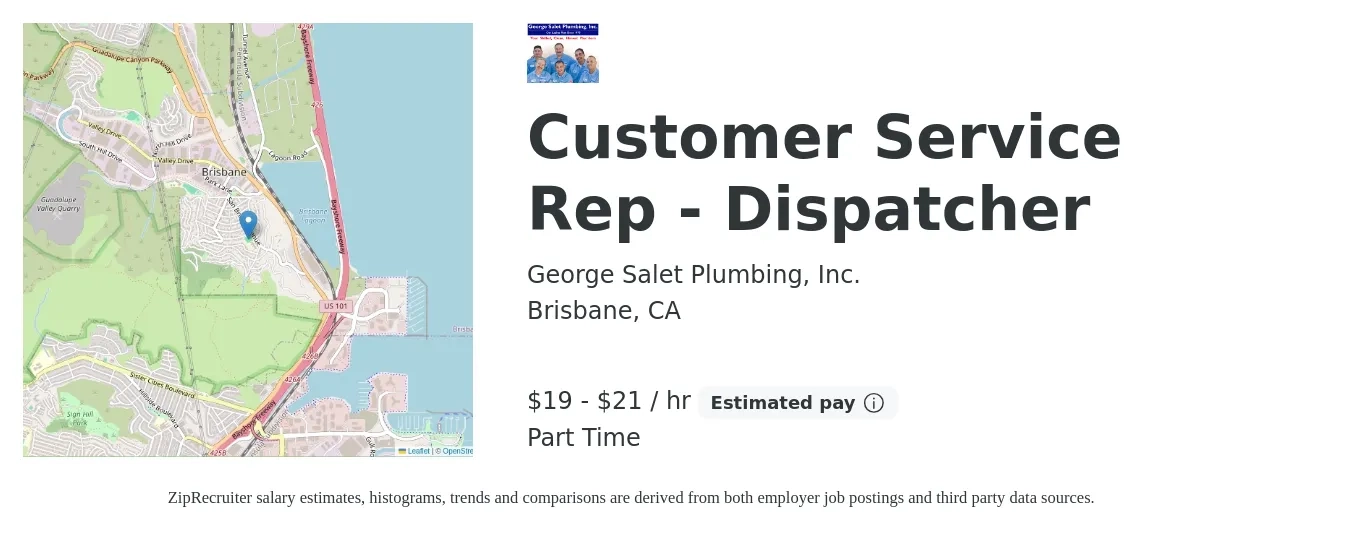 George Salet Plumbing, Inc. job posting for a Customer Service Rep - Dispatcher in Brisbane, CA with a salary of $20 to $22 Hourly with a map of Brisbane location.