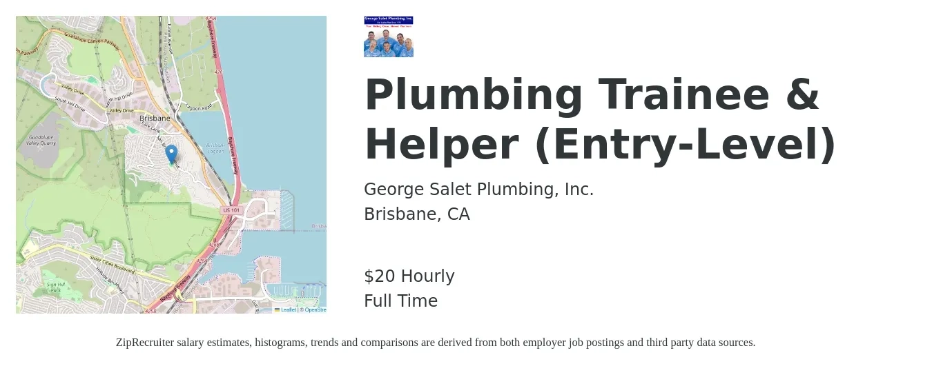 George Salet Plumbing, Inc. job posting for a Plumbing Trainee & Helper (Entry-Level) in Brisbane, CA with a salary of $21 Hourly with a map of Brisbane location.