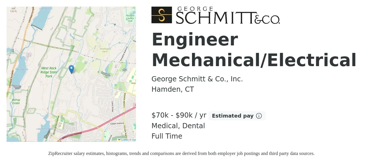 George Schmitt & Co., Inc. job posting for a Engineer Mechanical/Electrical in Hamden, CT with a salary of $70,000 to $90,000 Yearly and benefits including pto, retirement, dental, life_insurance, and medical with a map of Hamden location.