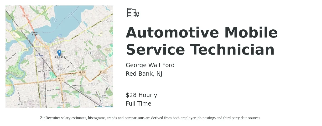 George Wall Ford job posting for a Automotive Mobile Service Technician in Red Bank, NJ with a salary of $35 Hourly with a map of Red Bank location.