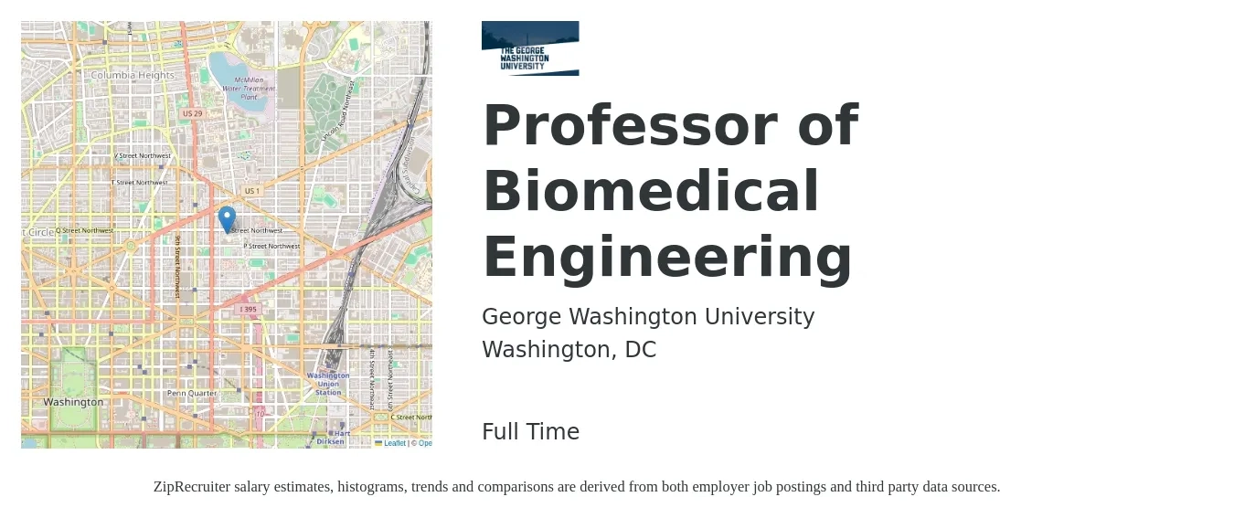 George Washington University job posting for a Professor of Biomedical Engineering in Washington, DC with a salary of $62,100 to $94,300 Yearly with a map of Washington location.