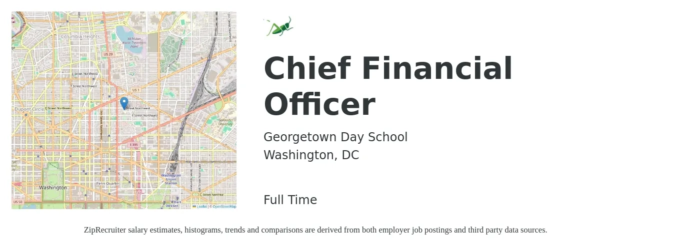 Georgetown Day School job posting for a Chief Financial Officer in Washington, DC with a salary of $154,600 to $438,700 Yearly with a map of Washington location.
