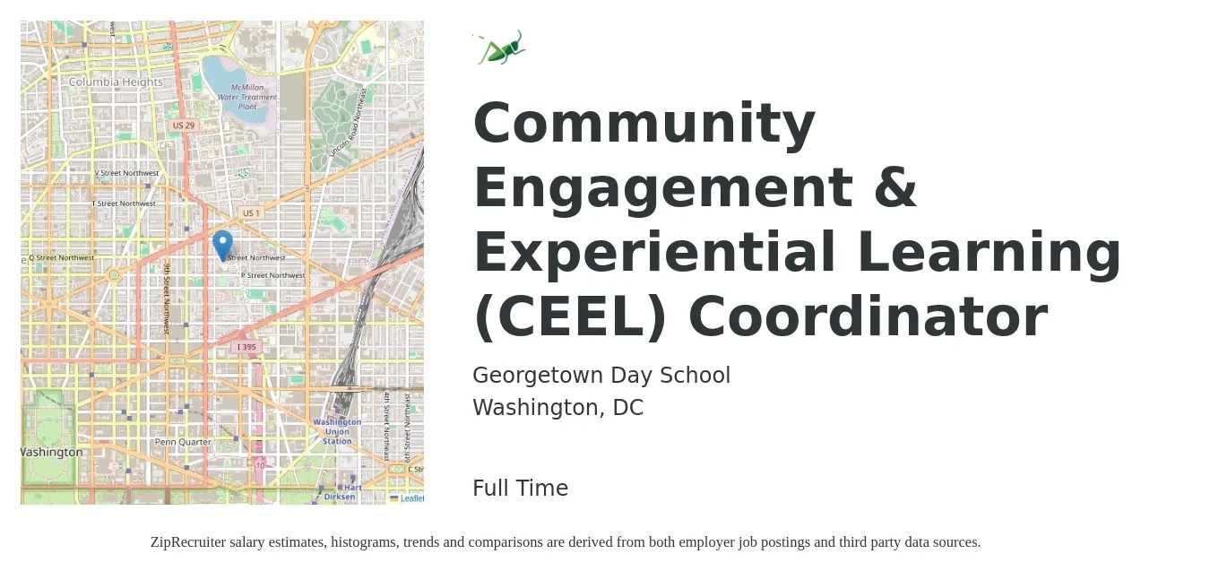 Georgetown Day School job posting for a Community Engagement & Experiential Learning (CEEL) Coordinator in Washington, DC with a salary of $22 to $33 Hourly with a map of Washington location.