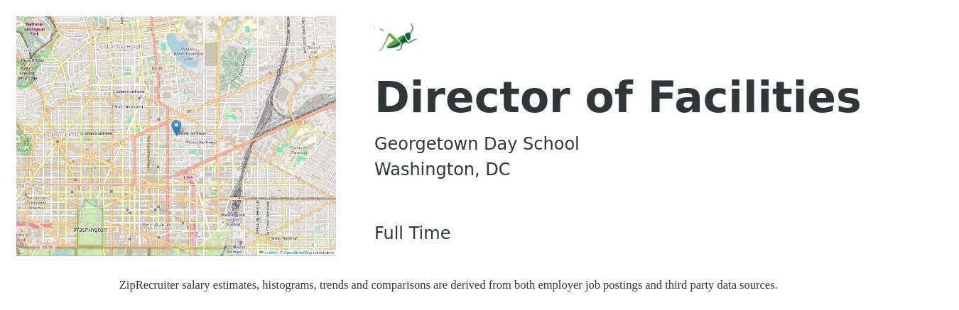 Georgetown Day School job posting for a Director of Facilities in Washington, DC with a salary of $100,900 to $221,600 Yearly with a map of Washington location.
